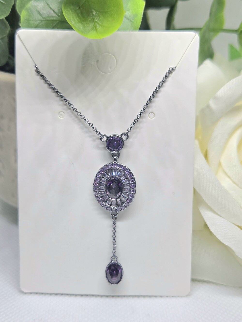 BP Amethyst Silver Drop Pendant Necklace On Hematite Plating